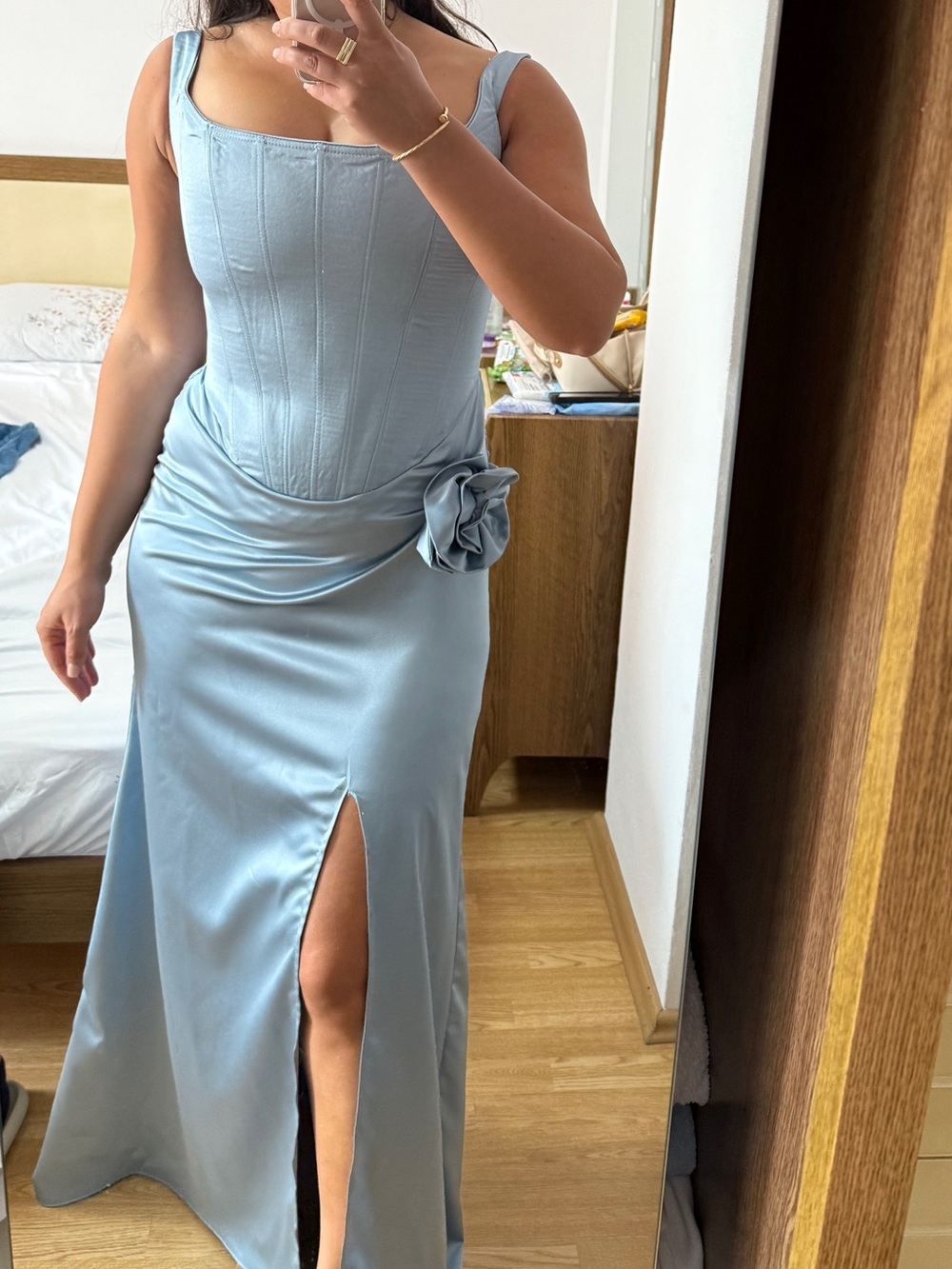 Elegant Dusty Blue Satin Evening Gown